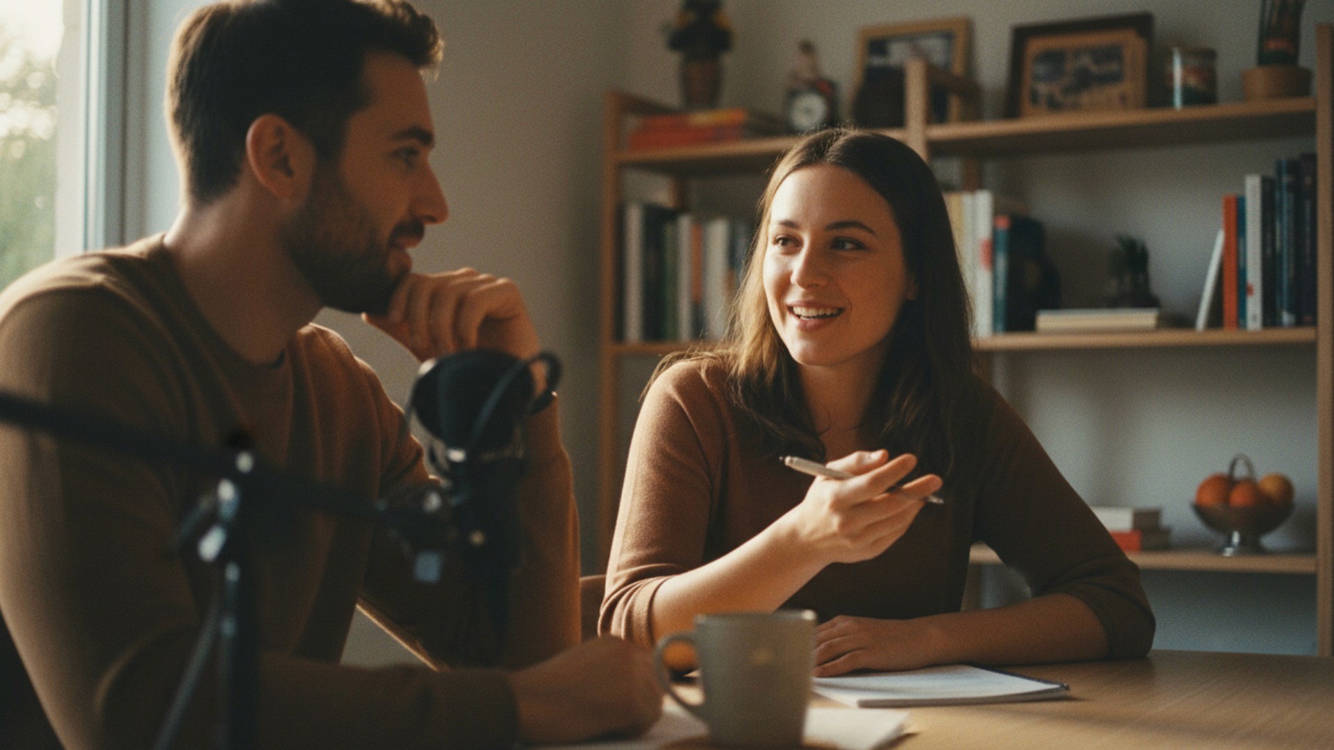 A person explaining podcast analytics to another person