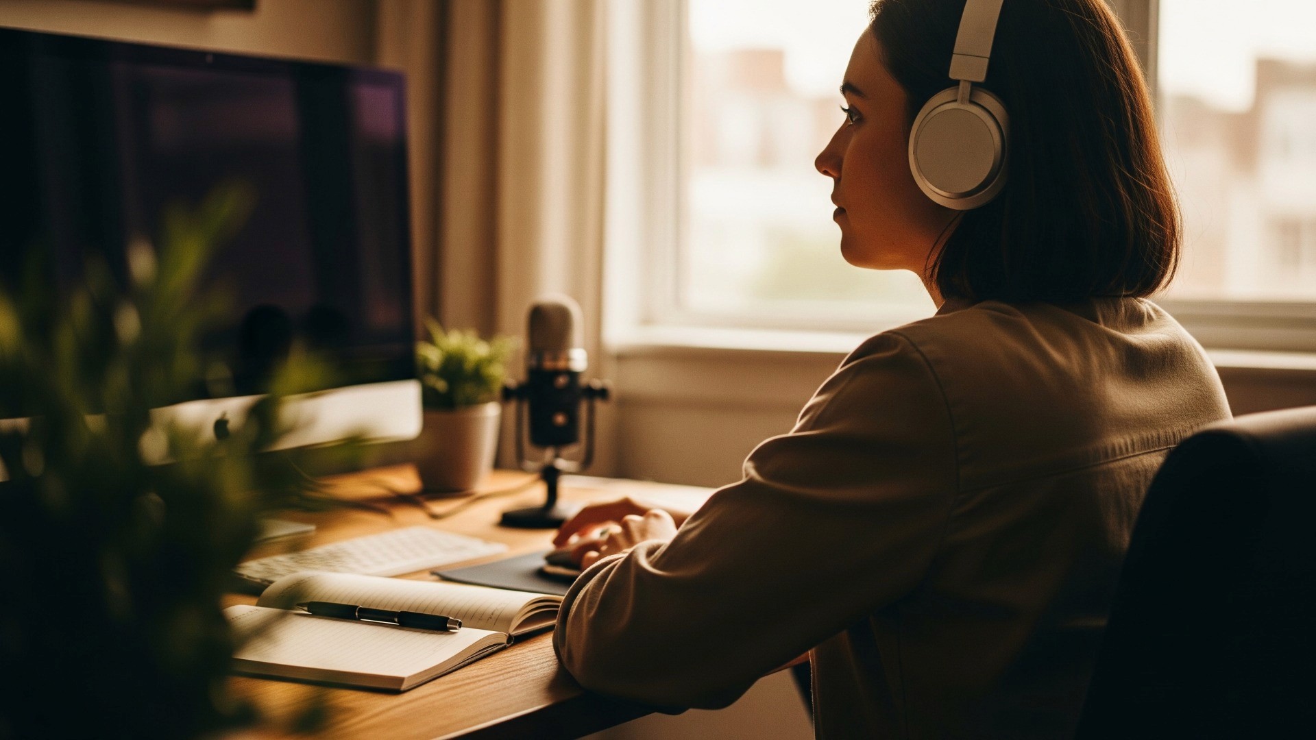 Image of a podcaster sitting at a desk wearing headphones during a remote podcast recording