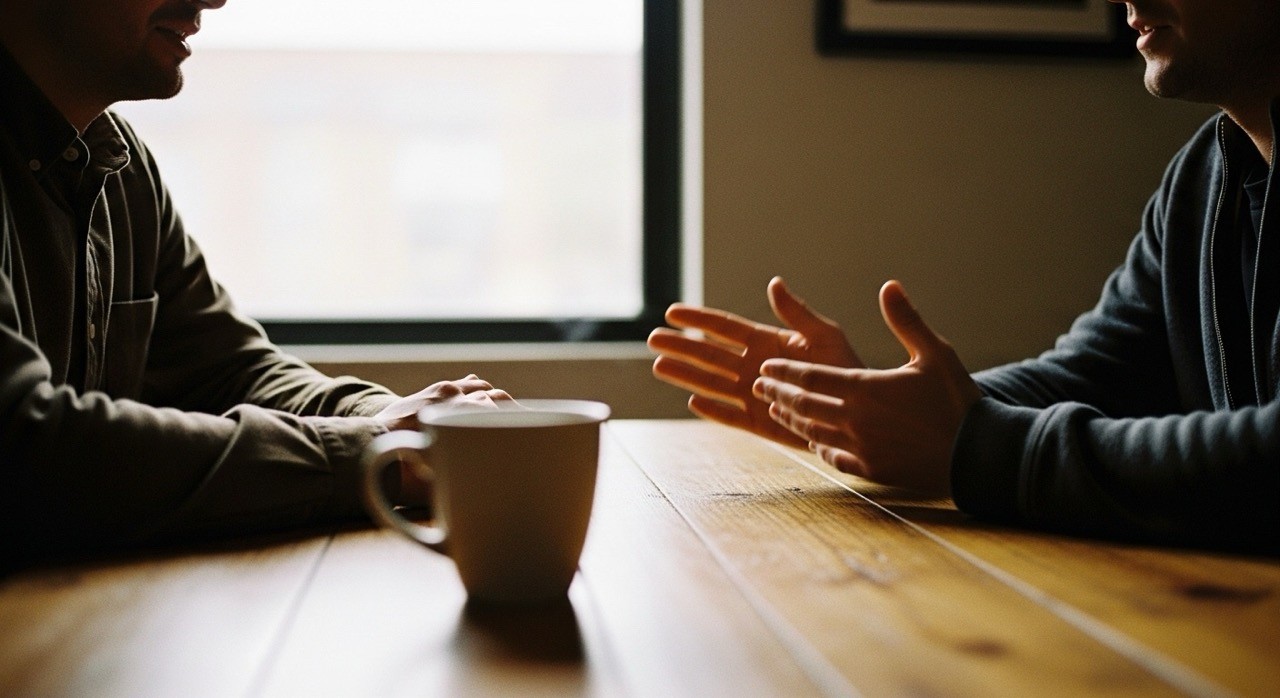 An image of two people talking at a table.